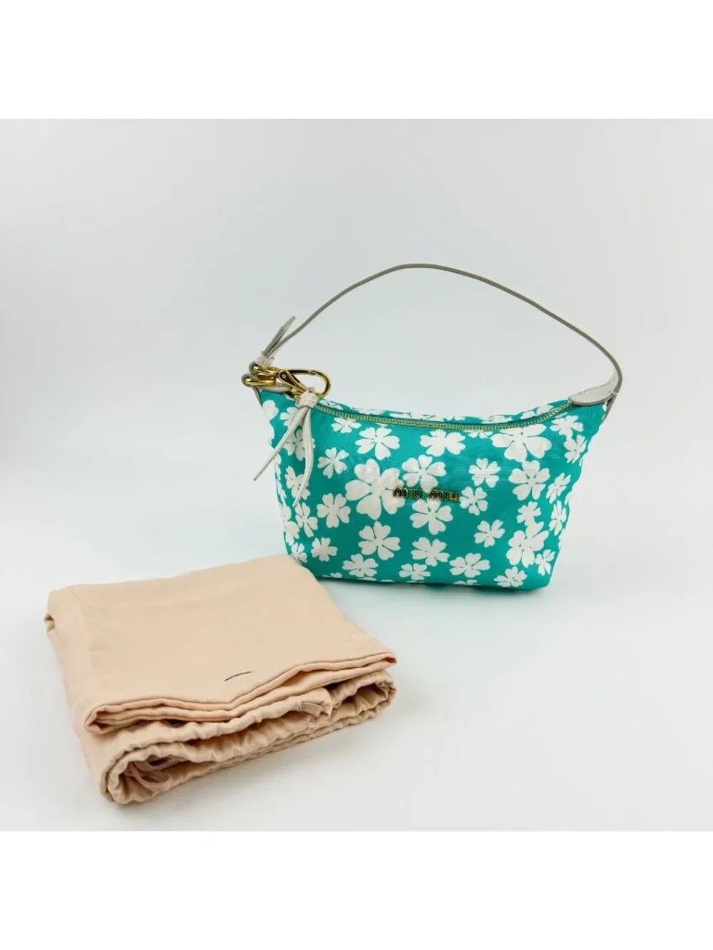 Miu Miu Spirit Floral Re-Nylon Handbag Pouch Nylon Leather Green White Gold